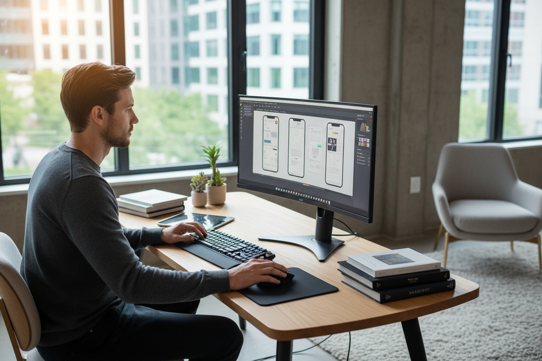 man at a computer doing design work